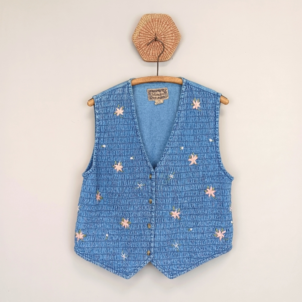 Vtg Tantrum Blues Shirred Denim Floral Embroidered Vest Size XL